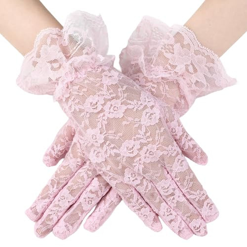 Bicfuiot Pink Sheer Lace Gloves Women Ladies Opera Tea Tulle Victorian Gloves for Tea Party,Wedding,Bridal Dress with Glove Costume Fancy Princess Halloween Tea Party Accessoriess Lace Outfitsfor Prom | Amazon (US)