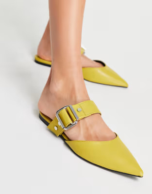 ASOS DESIGN Loft buckle hardware pointed ballet mules in chartruse | ASOS (Global)