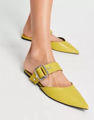 ASOS DESIGN Loft buckle hardware pointed ballet mules in chartruse | ASOS (Global)