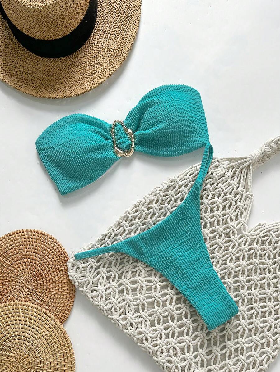 Swim Basics Springbreak Women's Summer Jacquard Fabric Strapless Metal Decor Sexy Bikini Set | SHEIN