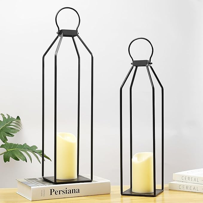 Perfnique Modern Farmhouse Lantern Decor, 19.7'' 22'' Set of 2 Black Metal Lanterns, 2 LED 6hr Ti... | Amazon (US)