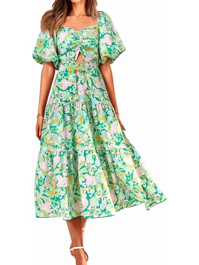 BTFBM Summer Dresses for Women Spring Outfits Beach Vacation Short Sleeve Smocked Boho Casual Flo... | Walmart (US)