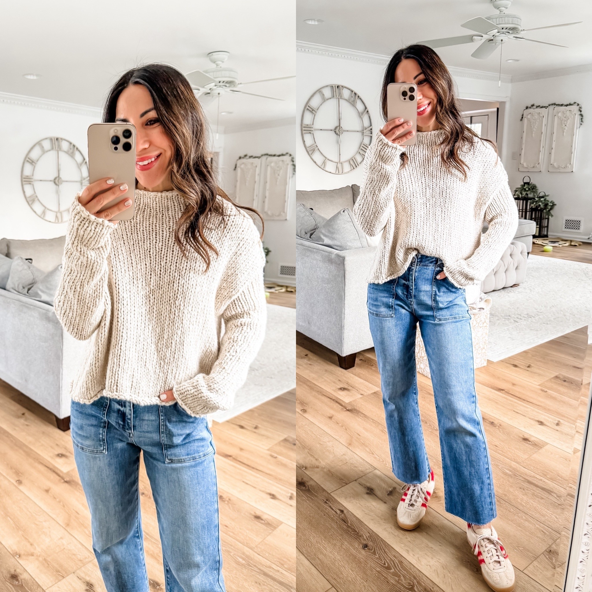 Sweater small, jeans 25. I cut them. Sneaker size down.

#LTKFindsUnder100 #LTKOver40