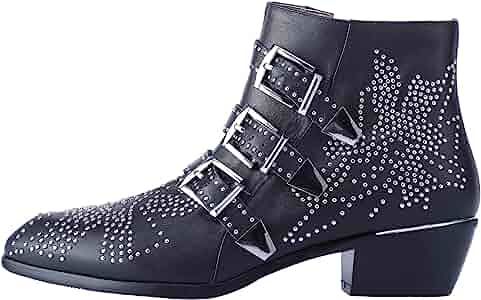 Comfity Boots for women, Women's Leather Booties Rivets Studded Shoes Metal Buckle Low Heels Ankl... | Amazon (US)