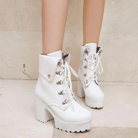 Women s Plus Size Fashion Waterproof Wlatform Thick Heel Boots Lace Up Boots White 7.5 | Walmart (US)
