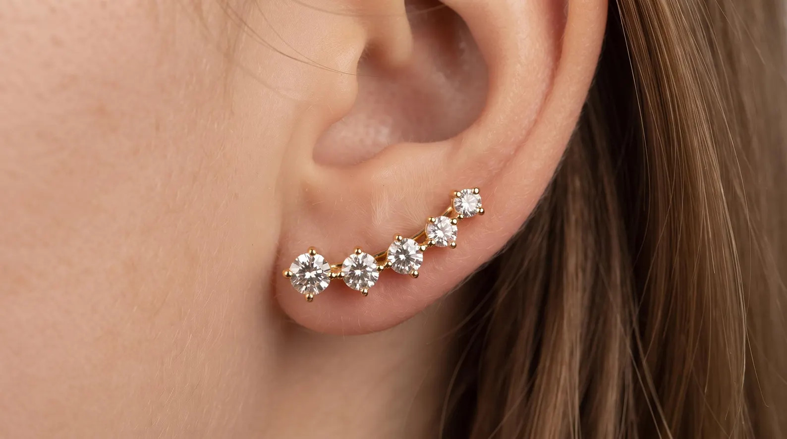 Certified Moissanite Ear Climber Earrings, 14K Gold Filled Graduated Studs, Curved Sparkle Crawle... | Etsy (Global)
