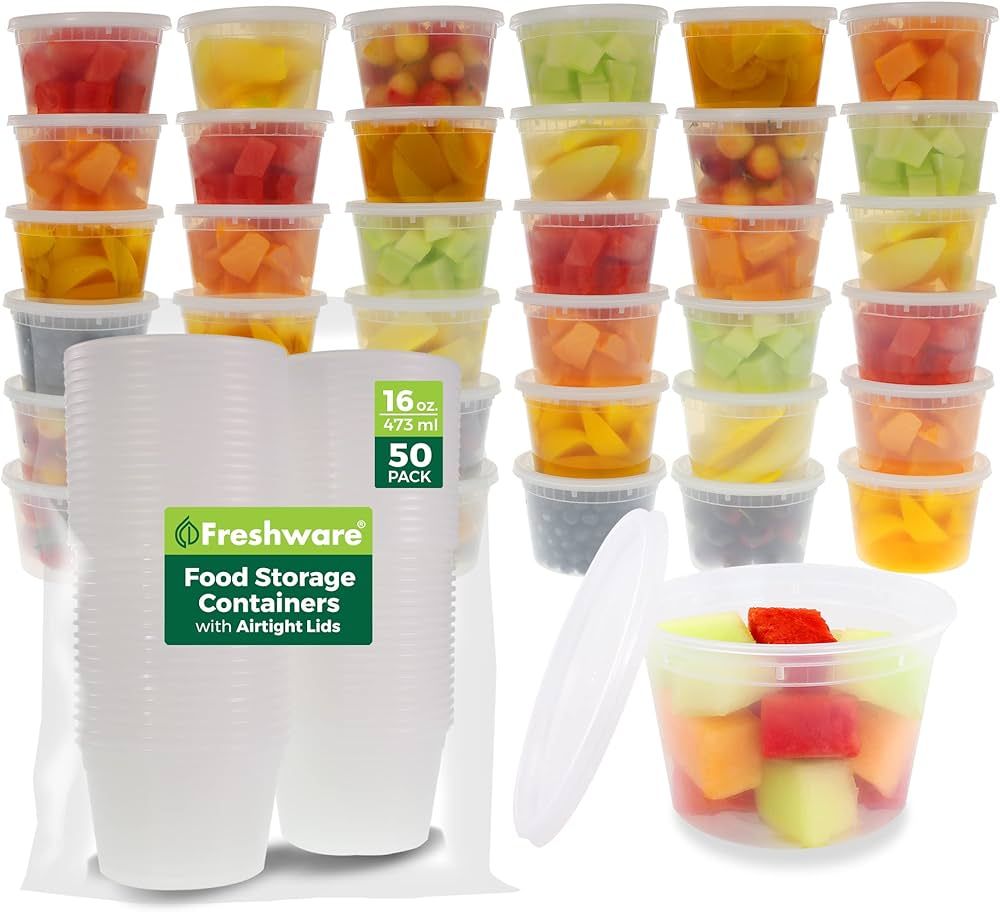 Freshware Food Storage Containers [50 Set] 16 oz Plastic Deli Containers with Lids, Slime, Soup, ... | Amazon (US)