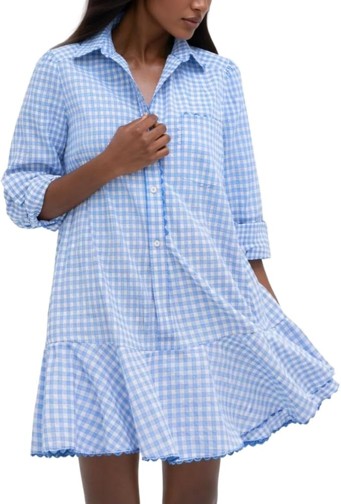 VAOYIU Womens Long Sleeve Gingham Shirt Dress Ruffled Trim Collared Button Up Casual Mini Dress w... | Amazon (US)
