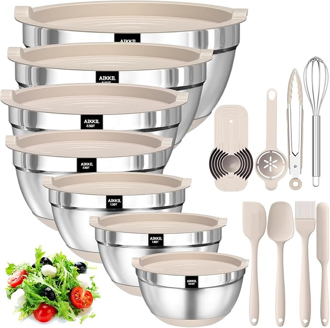AIKKIL Mixing Bowls with Airtight Lids, 20 piece Stainless Steel Metal Nesting Bowls, Non-Slip Si... | Amazon (US)