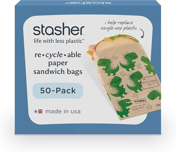 Stasher Recyclable Sealable Paper Sandwich Bags for Kids, 50 ct, Dino | Amazon (US)