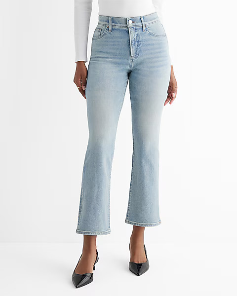 High Waisted Light Wash Slit Hem Cropped Flare Jeans | Express