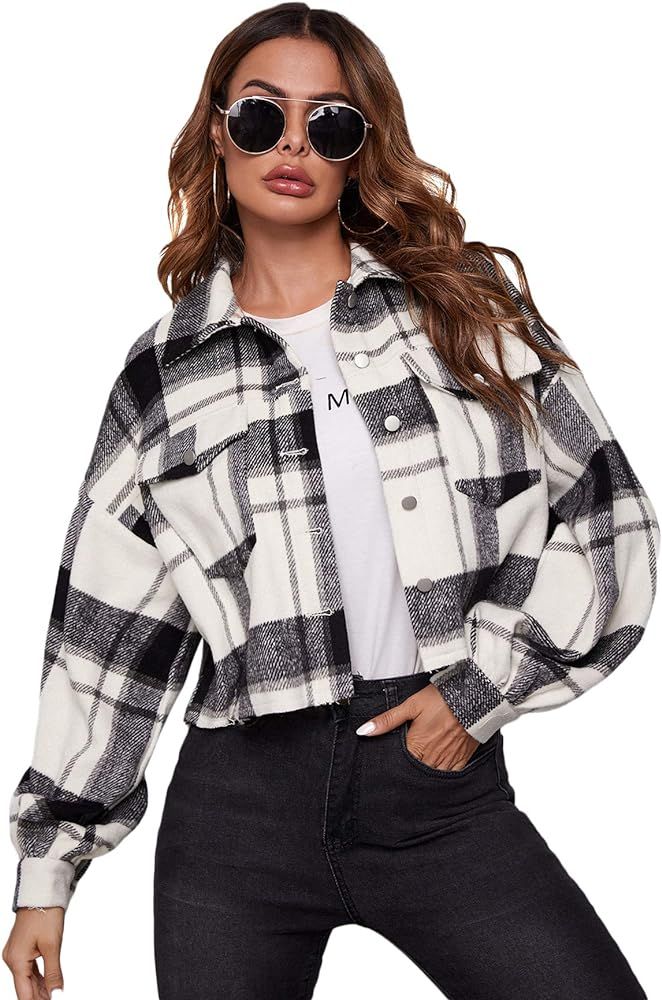 MakeMeChic Women's Single Breasted Drop Shoulder Long Sleeve Buffalo Plaid Jacket | Amazon (US)