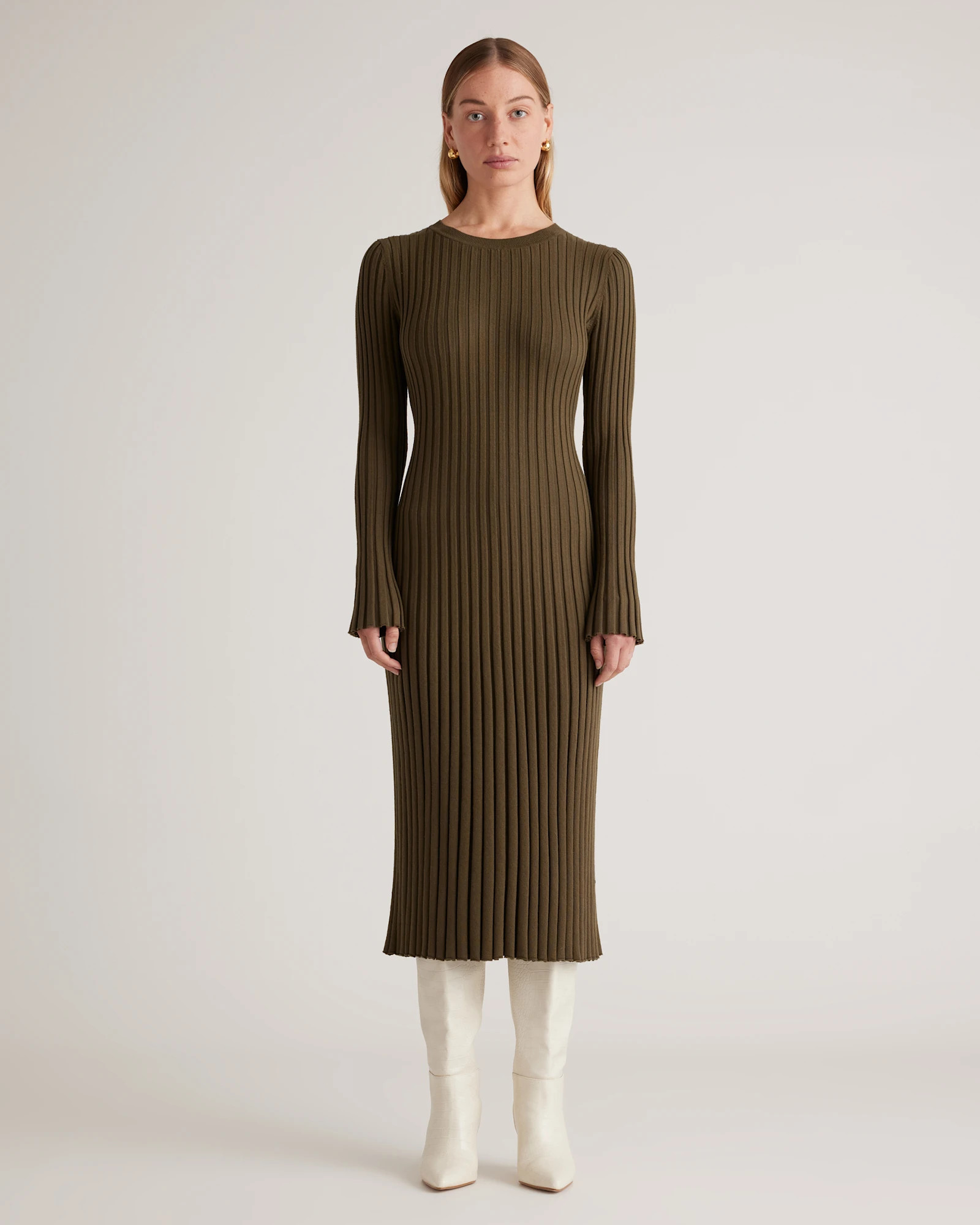 Cotton Cashmere Ribbed Long Sleeve Crew Midi Dress in Olive | Quince
