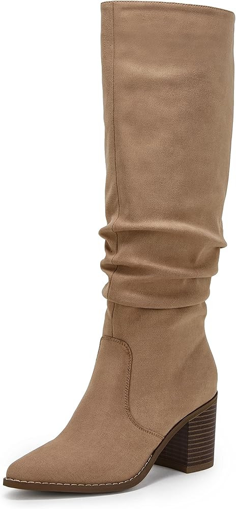 Huiyuzhi Womens Pointed Toe Knee High Boots Mid Chunky Heel Faux Suede Side Zipper Riding Booties | Amazon (US)