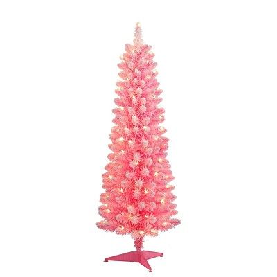 4.5ft Puleo Pre-Lit Pink Flocked Slim Artificial Christmas Tree Clear Lights | Target
