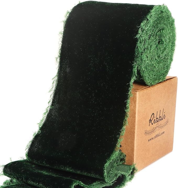 Ribbli Forest Green Velvet Ribbon 3 Inch Handmade Frayed Vintage Christmas Ribbon for Gift Wrappi... | Amazon (US)