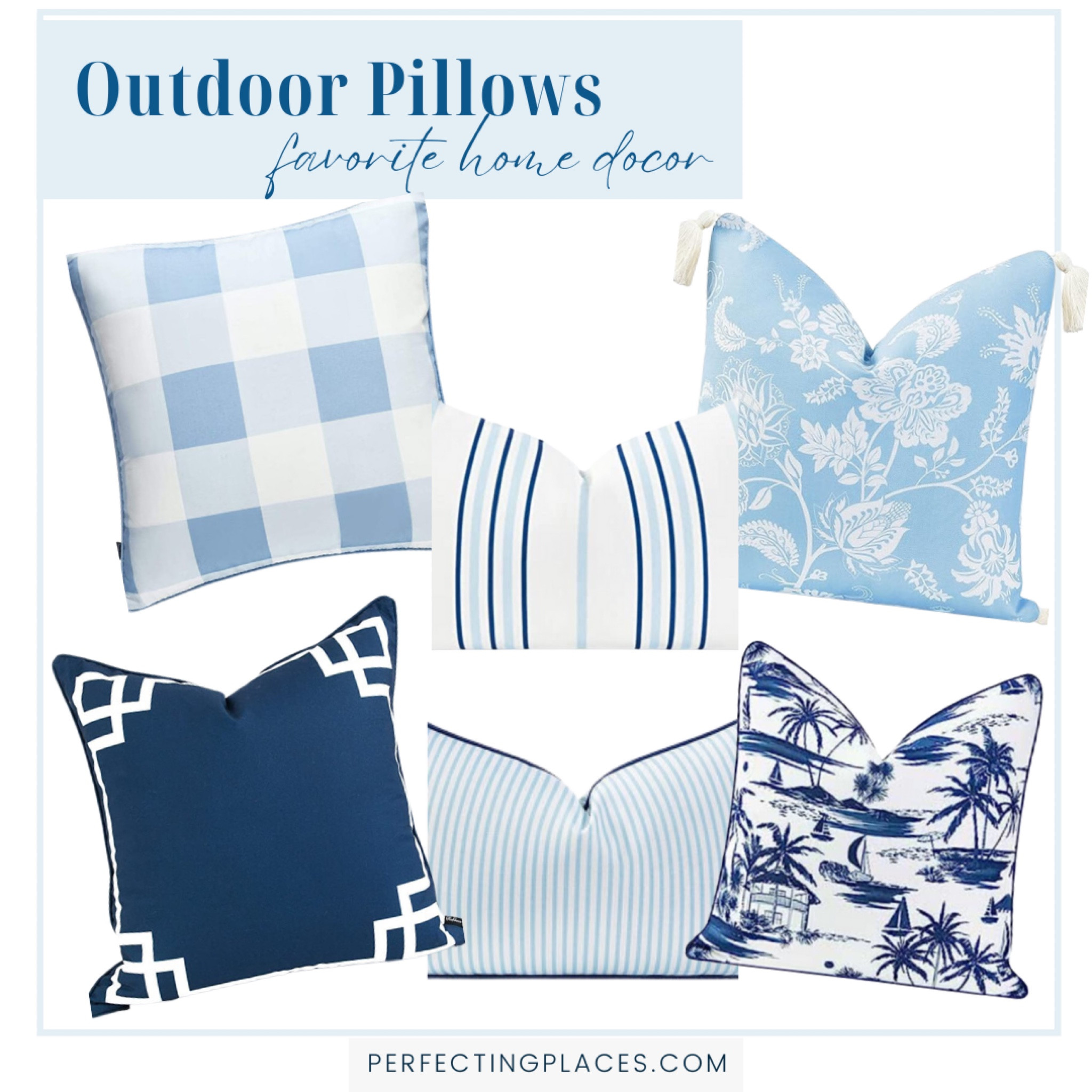 Loving these budget friendly blue and white outdoor pillow covers for a fresh summer look! Coastal style, Hamptons look, blue Buffalo plaid pillow, blue and navy striped lumbar pillow, blue print, blue Chinoiseriechic outdoor pillow, navy outdoor pillow 

#LTKhome