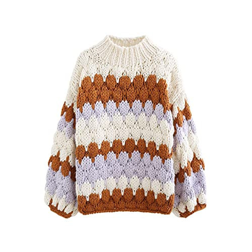 CHICWISH Women's Cream Color Blocked High Neck Hand-Knit Chunky Sweater | Amazon (US)