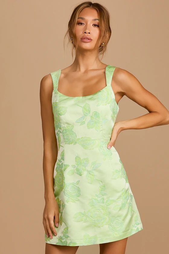 Brighter Side Light Green Floral Satin Jacquard Mini Dress | Lulus