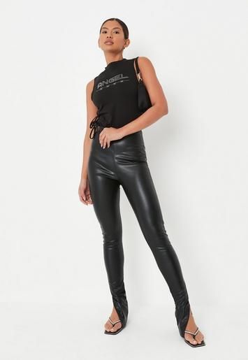 Missguided - Tall Black Faux Leather Split Hem Flared Pants | Missguided (US & CA)