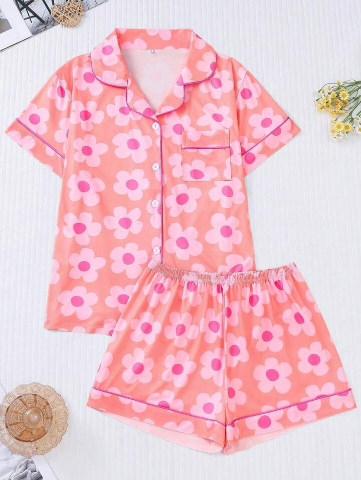 2pcs/Set Cute Floral Print Women Wearable Sleepwear Pajama Set, Short Sleeve Collar Cardigan Shir... | SHEIN
