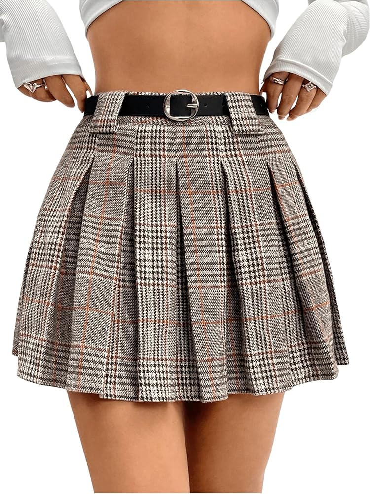 MakeMeChic Women's Pleated Mini Skirt Plaid Print Flared Hem A Line Belted Preppy Short Skirts | Amazon (US)