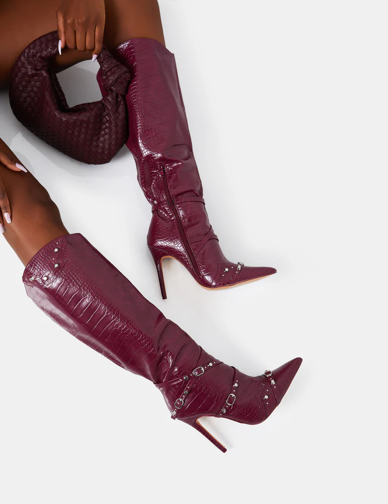 Doja Wide Fit Burgundy Croc Studded Zip Detail Pointed Toe Stiletto Knee High Boots | Public Desire