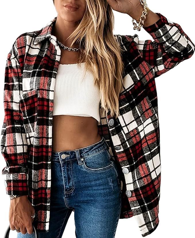 Meceku Womens Flannel Plaid Shirts Long Sleeve Casual Mid-Long Blouses Button-Down Shirts with Po... | Amazon (US)