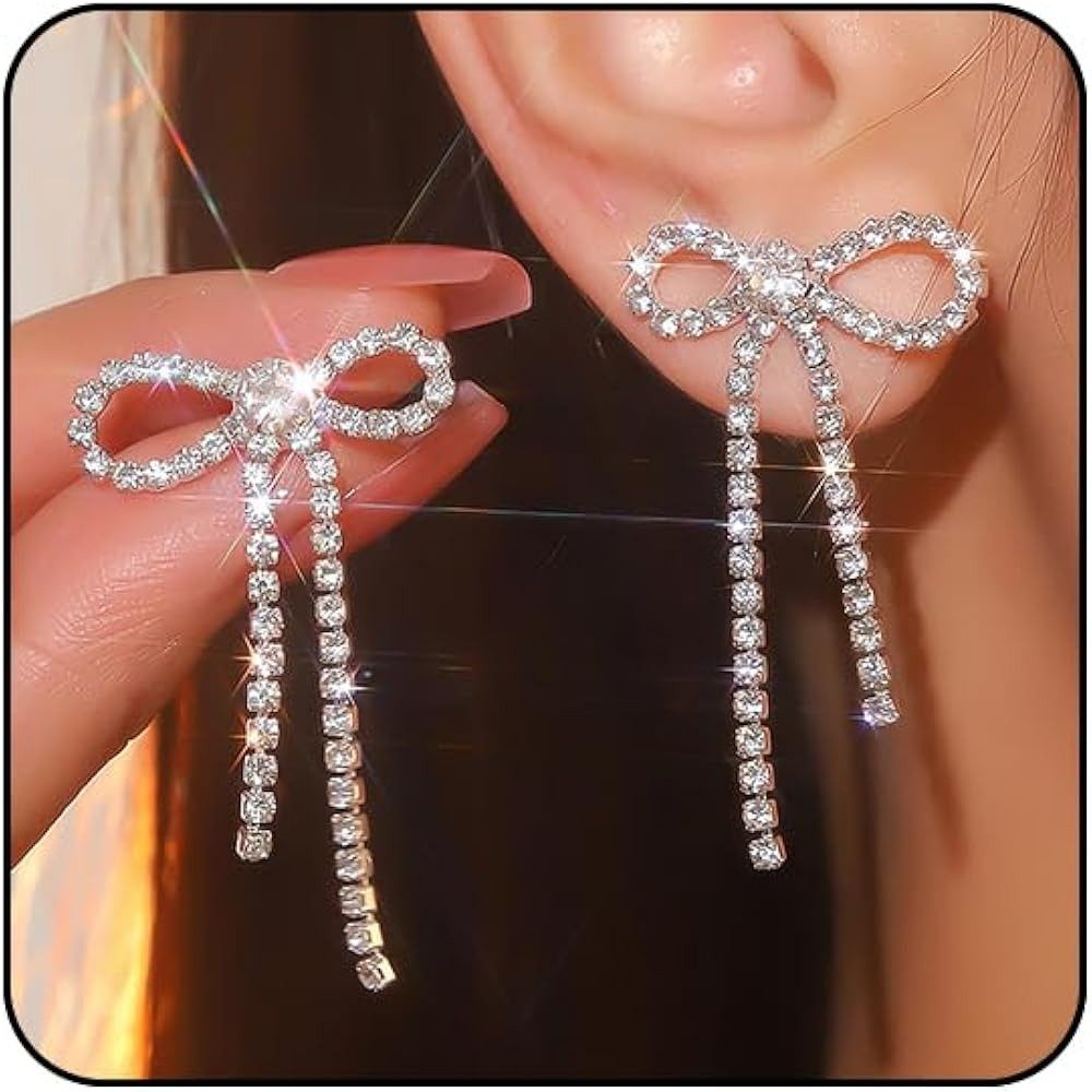 Silver Rhinestone Sparkly Dangle Earrings - Hot Pink, Purple, Blue, Black, Red - Dainty Bow Earri... | Amazon (US)