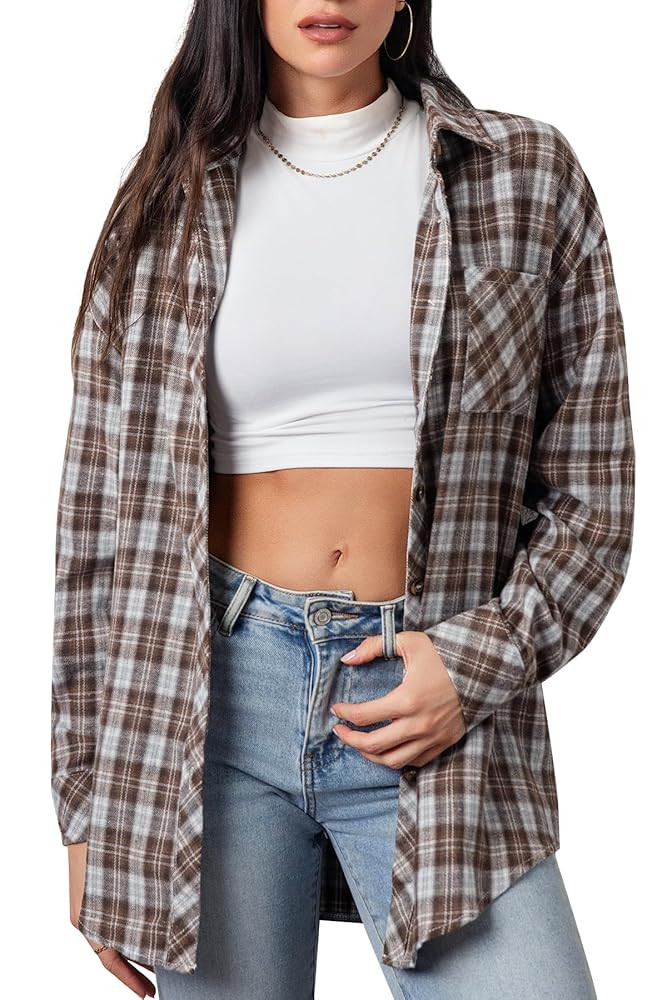 CHYRII Womens Button Down Flannel Shirts Long Sleeve Plaid Shackets Business Casual Blouse Top | Amazon (US)