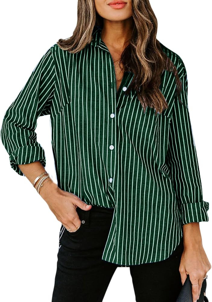 Womens Button Down Shirts Cotton Striped Dress Shirt Long Sleeve Collared Office Work Pinstripes ... | Amazon (US)