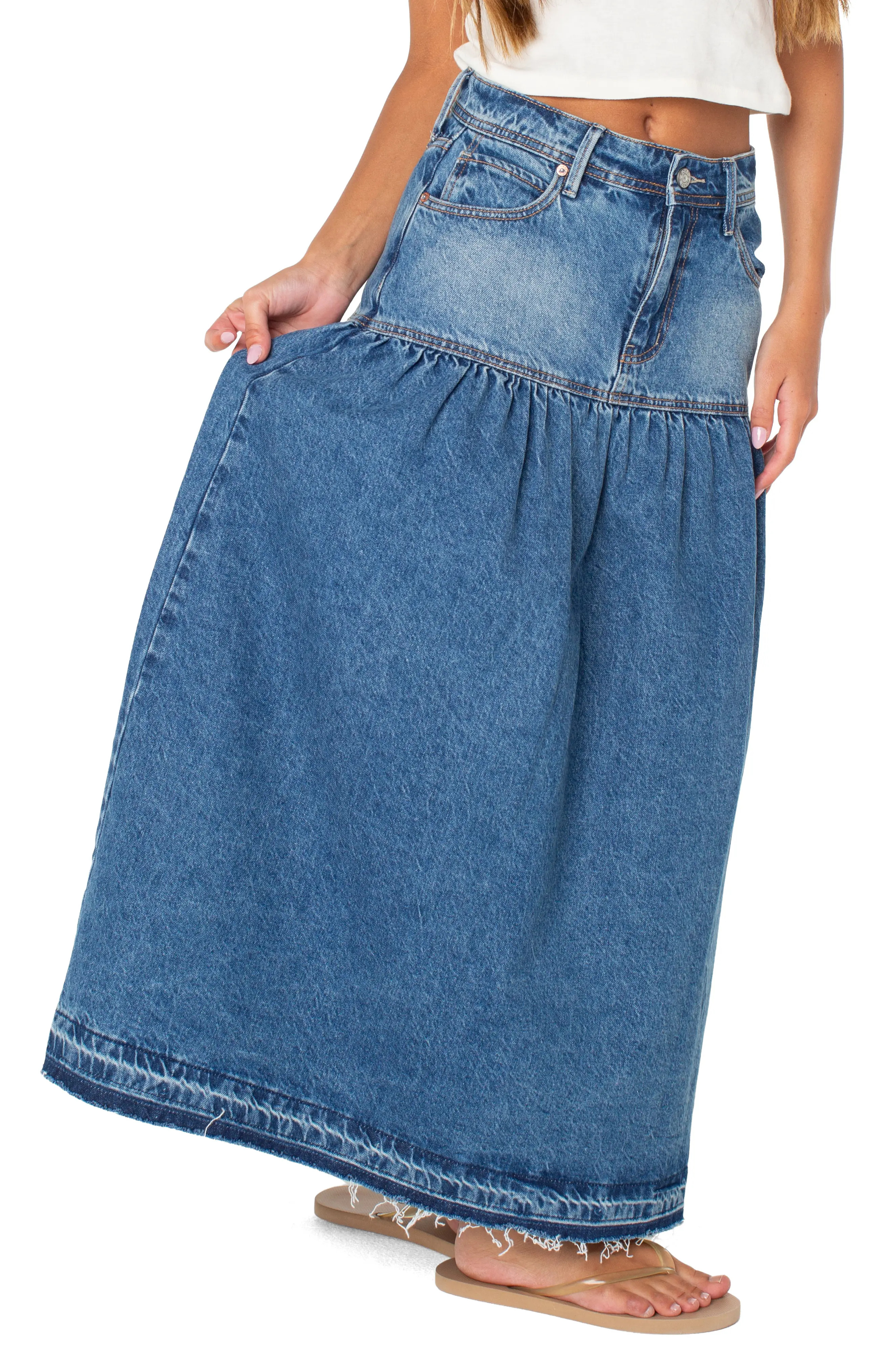 Roxy Nocturne Denim Maxi Skirt in Salt Fade at Nordstrom, Size Large | Nordstrom