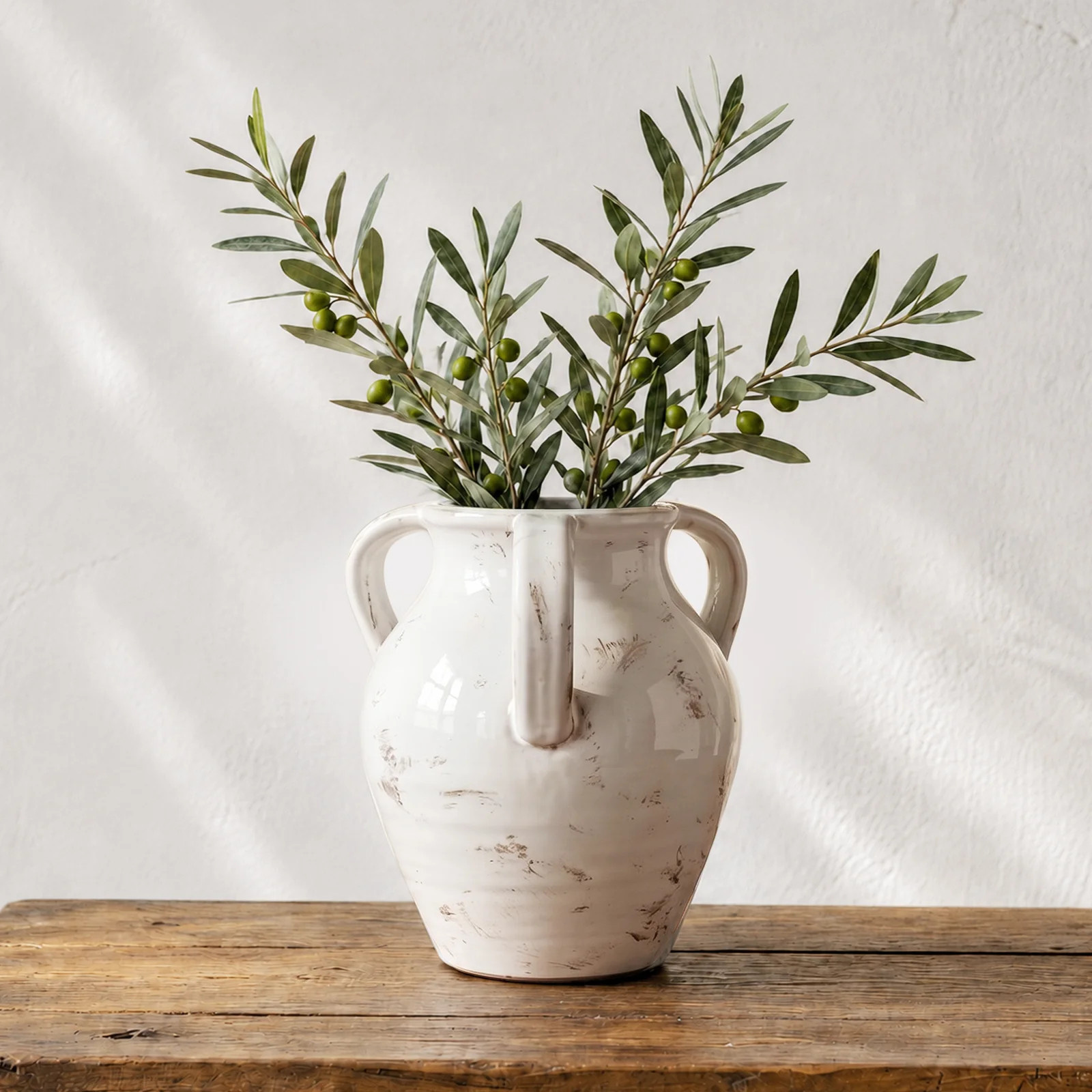 Dowan 3-Handle Rustic Ceramic Vase, Distressed White Farmhouse Jug for Home Decor | Wayfair North America