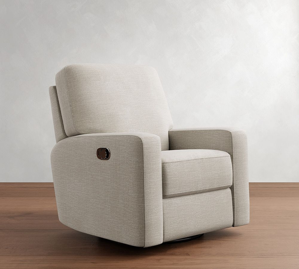 PB Comfort Modern Square Arm Upholstered Swivel Glider Recliner, Box Edge Polyester Wrapped Cushions, Performance Slub Weave Oatmeal | Pottery Barn (US)