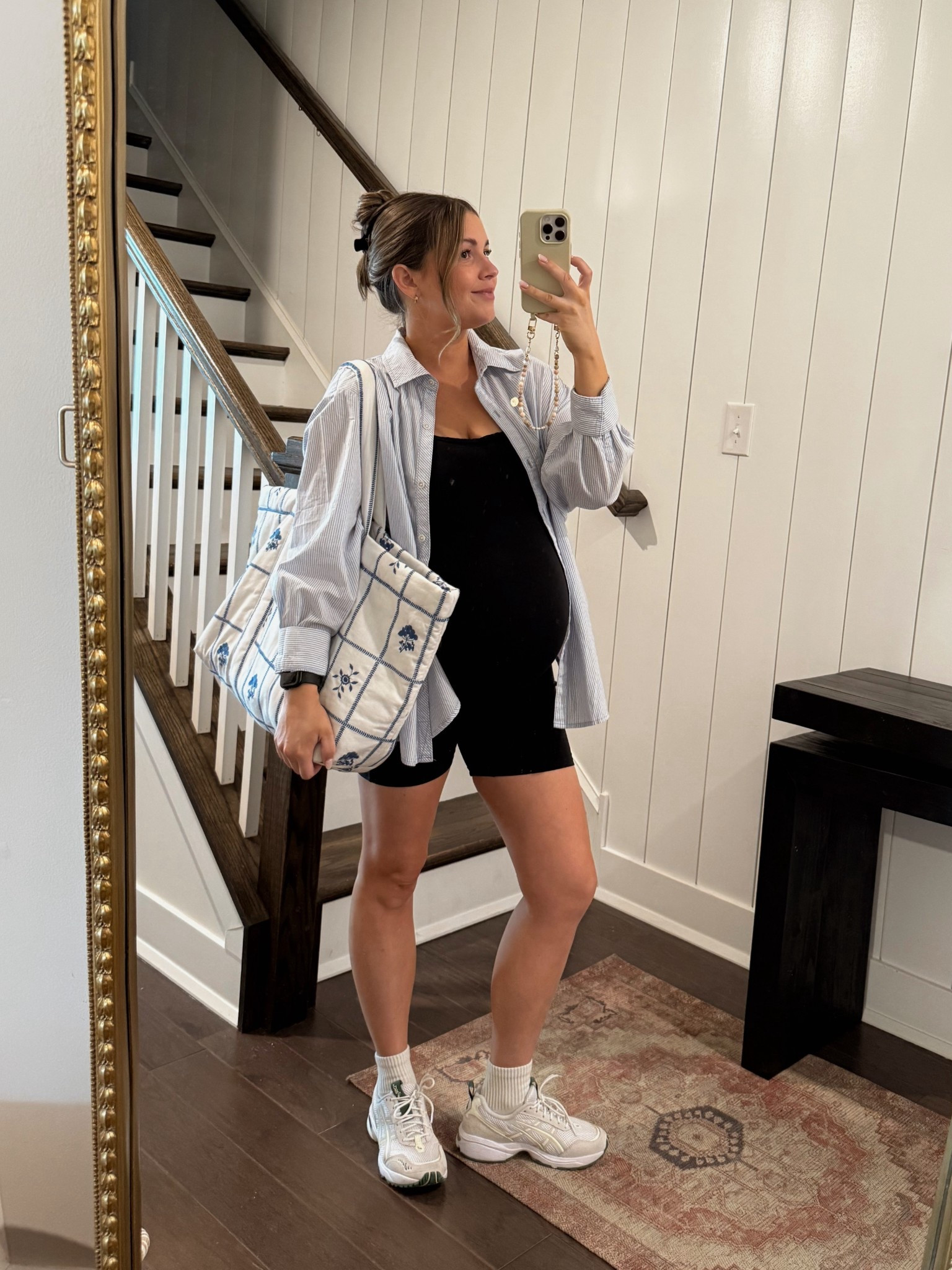 Wearing a medium in the onesie and button up! 