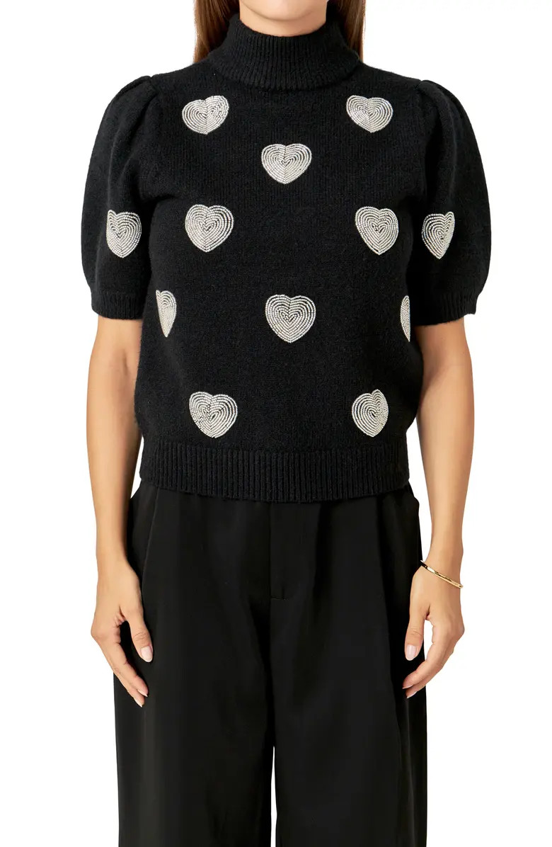 English Factory Heart Embellished Puff Sleeve Sweater | Nordstrom | Nordstrom