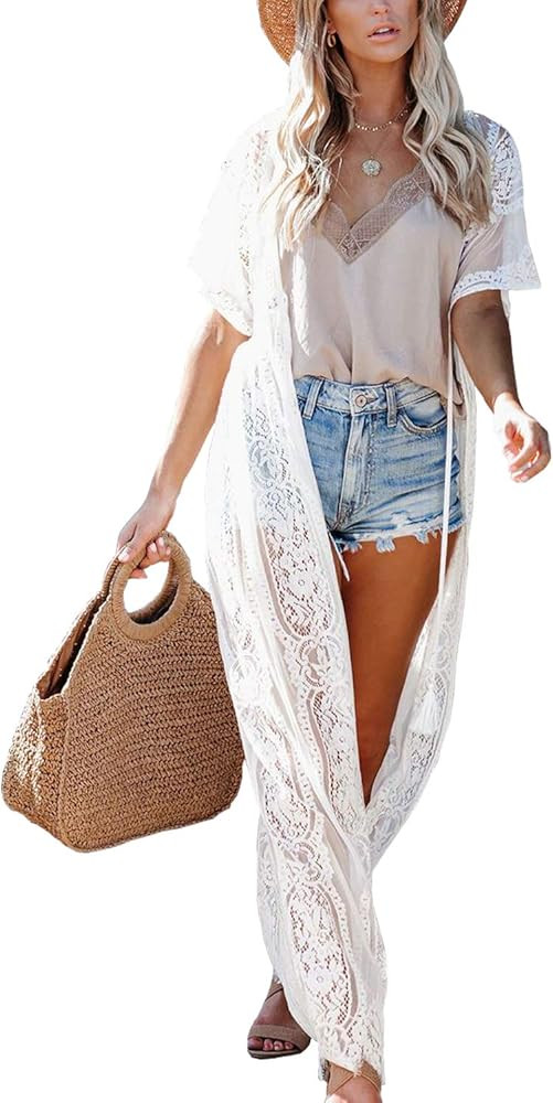 Women's Long Lace Kimono Cover Ups Tops with Belt Lightweight Summer Cardigan Dusters Sheer Boho Bea | Amazon (US)