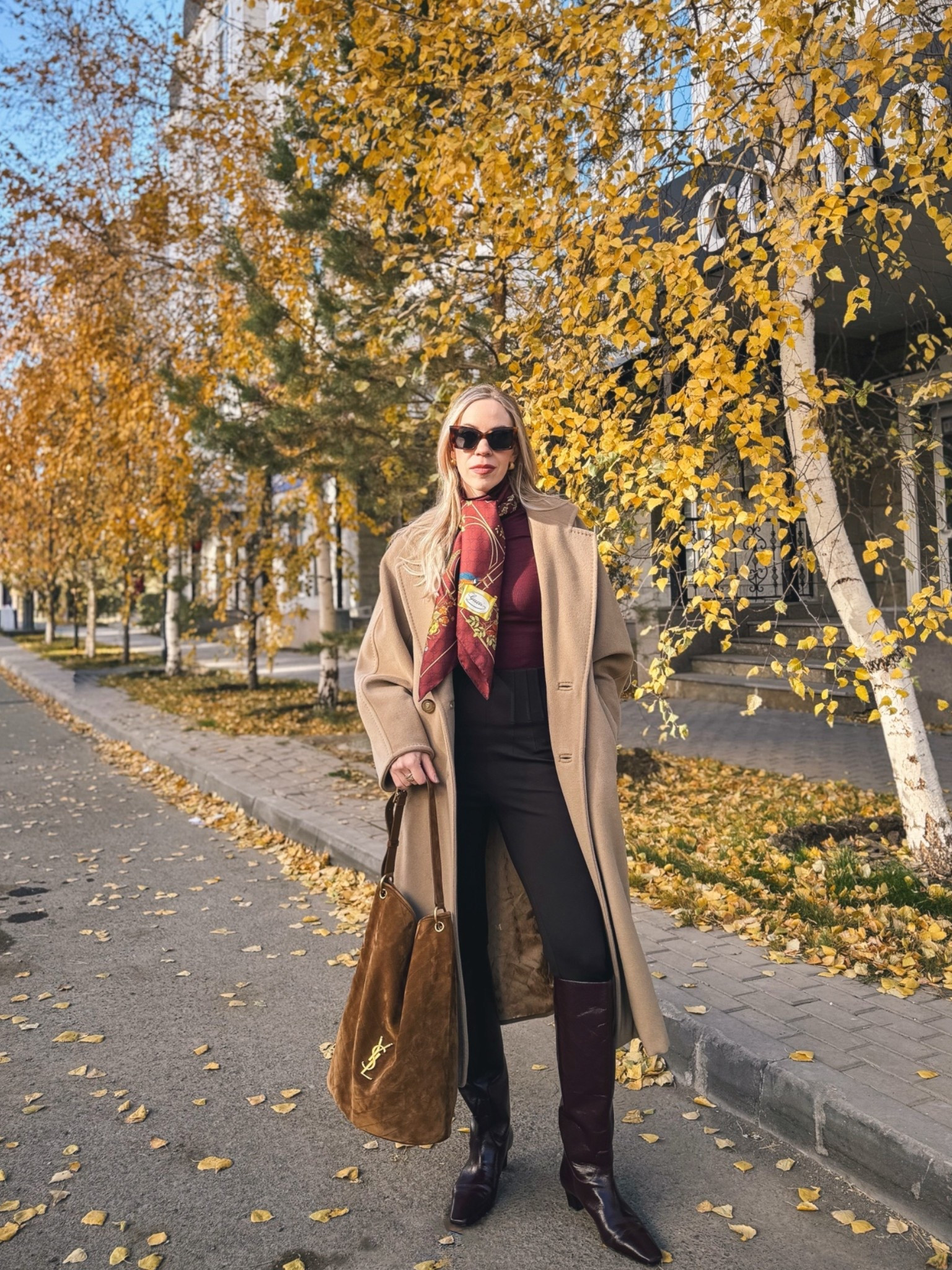 Camel coat fall outfit, dark brown leggings, silk scarf outfit, burgundy boots