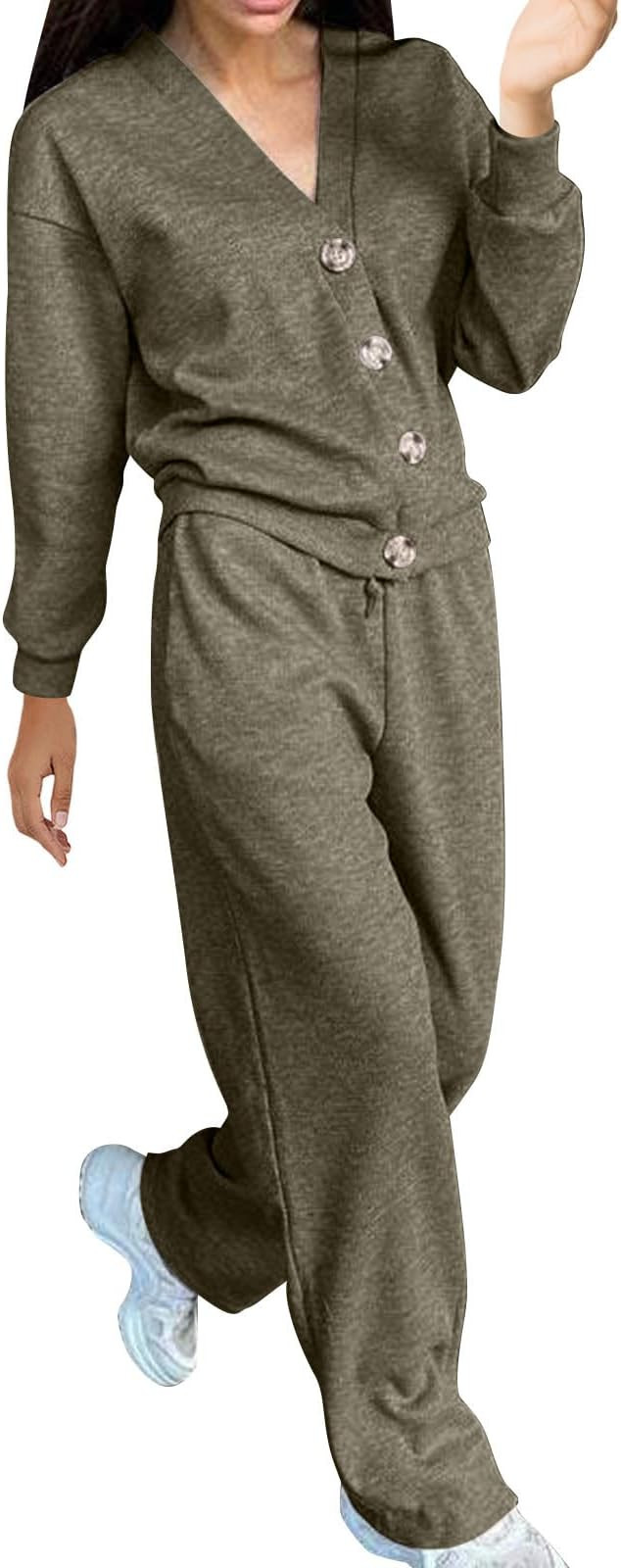 Women's 2 Piece Outfit Lounge Set Trendy V Neck Button Cardigan Sweater Drawstring Pants Sets Kni... | Amazon (US)