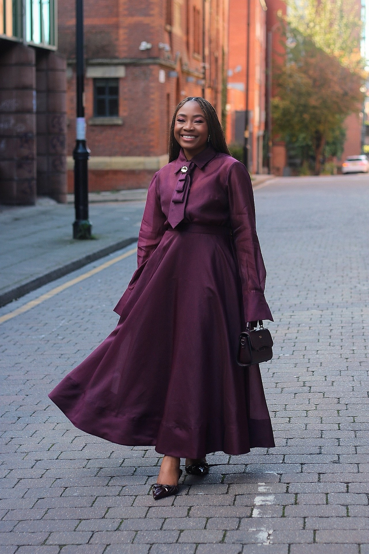 Embracing the richness of burgundy in this tonal fit 