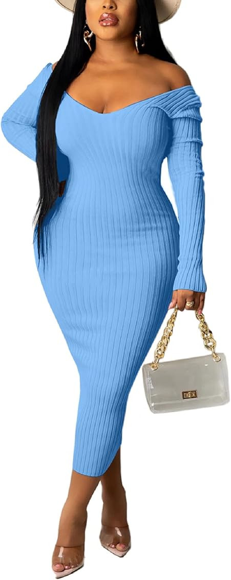 Adogirl Women Sexy Long Sleeve Casual Off Shoulder Ottoman Rib Club Elegant Cocktail Basic Bodycon D | Amazon (US)