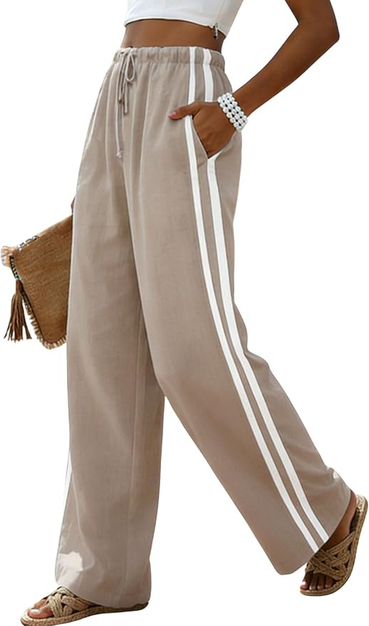 MINSURE Womens Linen Palazzo Pants Summer Wide Leg High Waist Side Striped Casual Flowy Beach Tro... | Amazon (US)