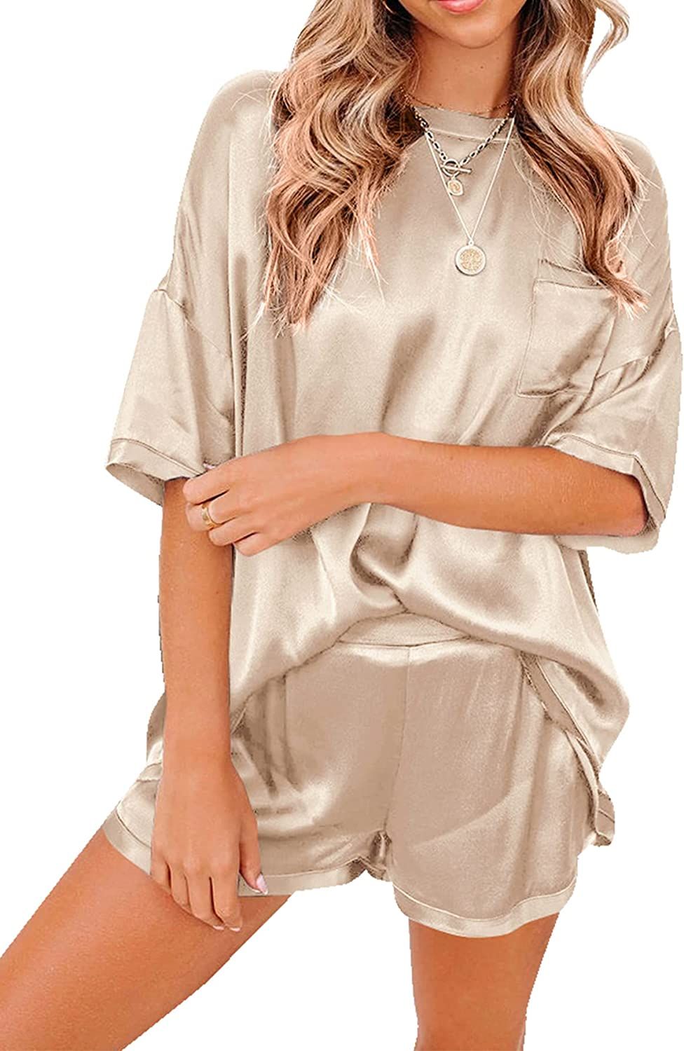 LYANER Women's Satin Silky Pajama Set Short Sleeve T-shirt With Shorts Set PJ Loungewear | Amazon (US)