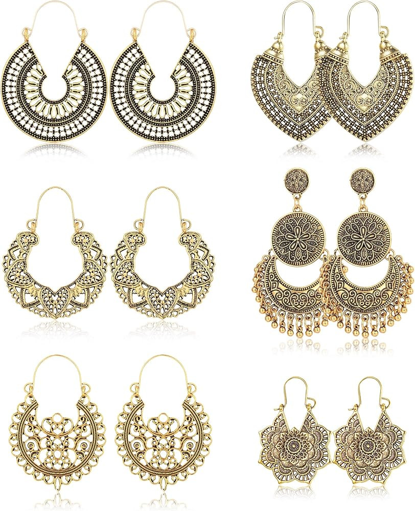 Florideco 6 Pairs Vintage Bohemian Drop Dangle Earrings Boho National Style Hollow Petal Heart Sh... | Amazon (US)