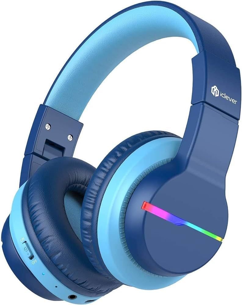 iClever BTH12 Kids Bluetooth Headphones,Colorful LED Lights Wireless Headphones,74/85/94dB Volume Limited,55H Playtime,Bluetooth 5.2,Over Ear Headphones Built-in Mic for iPad/Tablet/Airplane,Blue | Amazon (US)