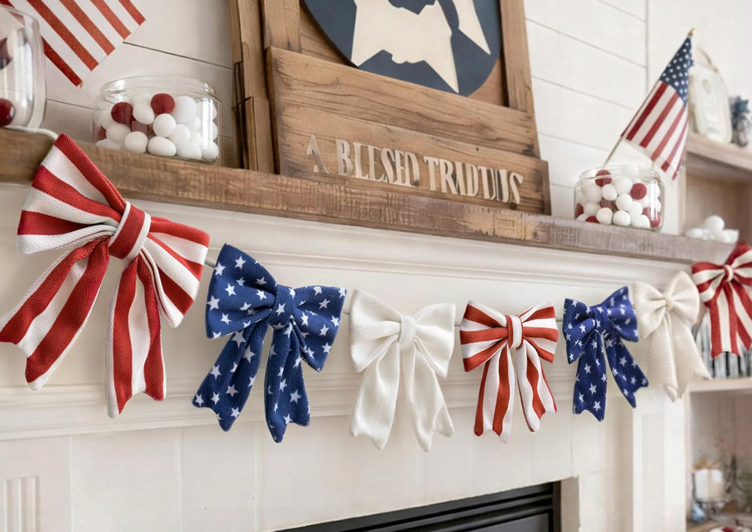 red white blue bow garland, 4th of July decor 

 #LTKmomlife #LTKSeasonal #LTKHome
