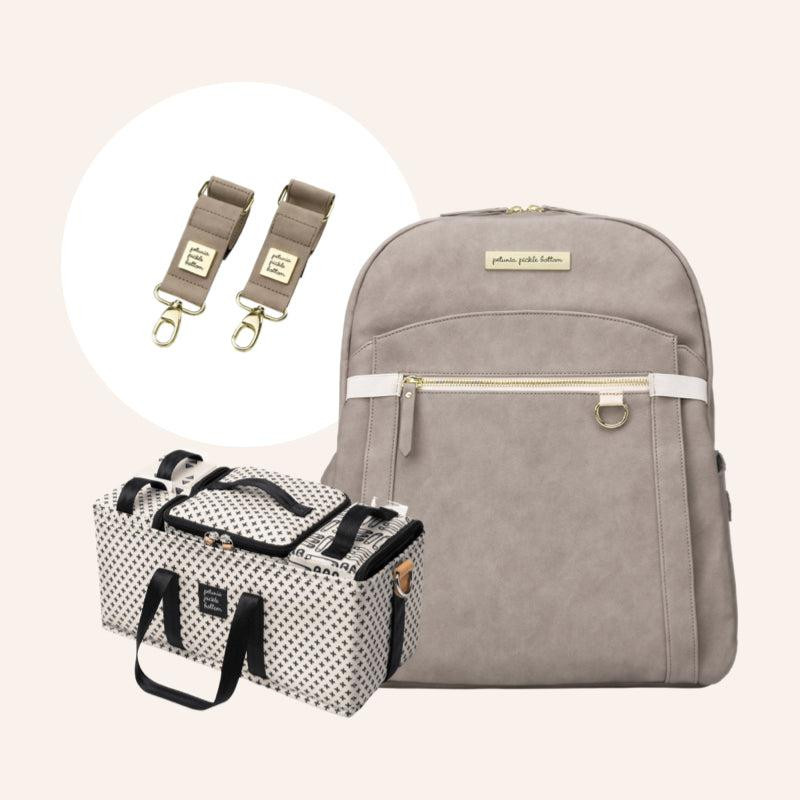 2-in-1 Provisions Backpack in Grey Matte Leatherette, Deluxe Kit & Stroller Clips Bundle | Petunia Pickle Bottom