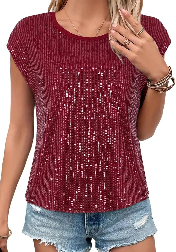Vimoisa Women's Sparkle Sequin Top Glitter Crewneck T Shirt Party Concert Tee Shirt Blouses Shirt... | Amazon (US)