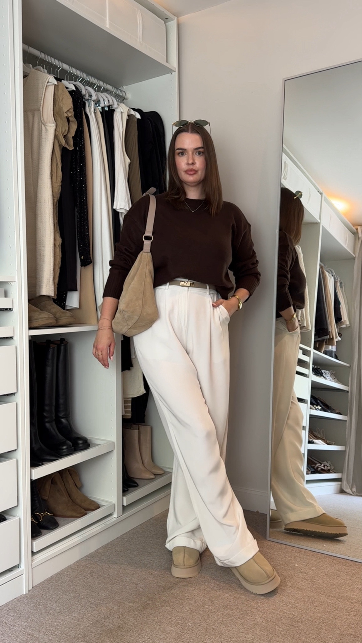 Ugg Tazz mustard seed, Lilysilk white tailored silk trousers, new look chocolate brown knit jumper, Amazon taupe Kelly belt, Russell & Bromley beige suede slouch handbag

#LTKuk #LTKstyletip #LTKautumn