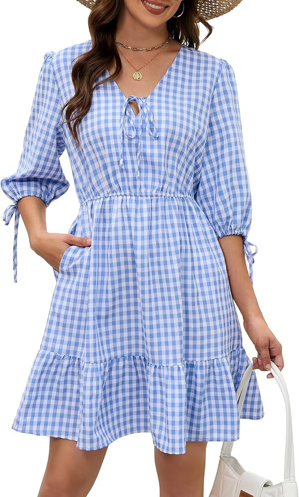 ECOWISH Women's Summer Mini Dress 2026 Tie Front V Neck 3/4 Sleeve A-Line Tiered Flowy Gingham Sh... | Amazon (US)